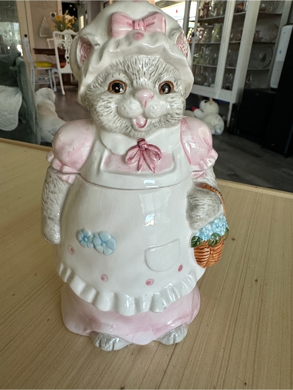 Pink & White Ceramic Cat Figurine Cookie Jar - Cute Kitty with Basket